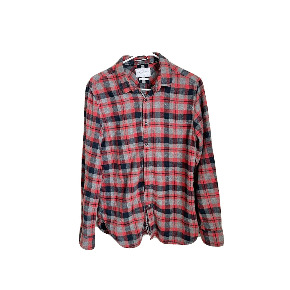 Denim & Flower Mens Medium Red 100% Cotton Flannel Button Up Shirt Preowned